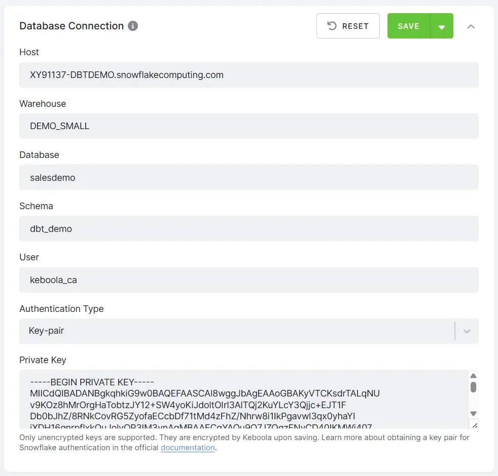 The Database Connection form with Host, Warehouse, Database, Schema, User, Authentication Type (Key-pair), and a Private Key field