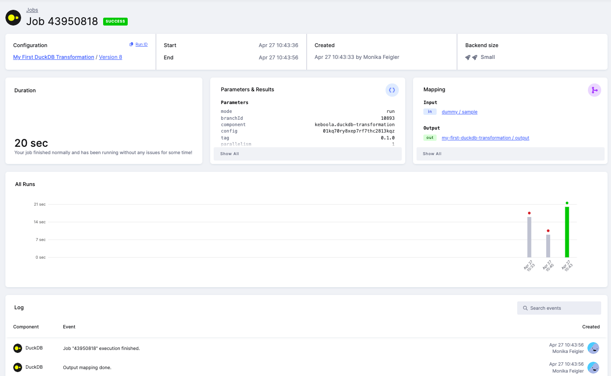 The finished DuckDB job showing a SUCCESS status with input and output mapping and run duration