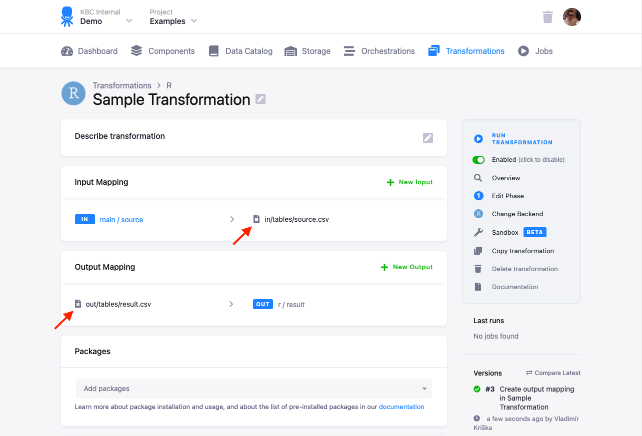 An R transformation with source.csv mapped in as in/tables/source.csv and out/tables/result.csv mapped out to a Storage table